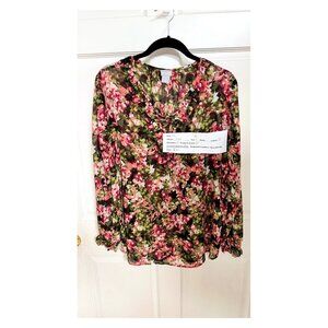 Chico’s Size 3 Floral Ruffle Tie Neck Long Sleeve Blouse